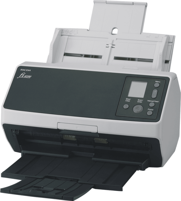 Copy electronic vam predstavlja Skener Ricoh - Fujitsu fi 8190, ADF 100, 90ppm/180ipm, LAN, 13000, PA03810-B001. Na fotografiji je skener koji je malo zakrenut u lijevu stranu, pa se vide prednja i desn bočna stran. Na prednjoj desnoj strani je lcd zaslon