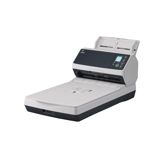 Copy electronic vam predstavlja Fujitsu fi-8290. Na fotografiji je svijetlo srebrni skener. Vidi se prednja i desna bočna strana.