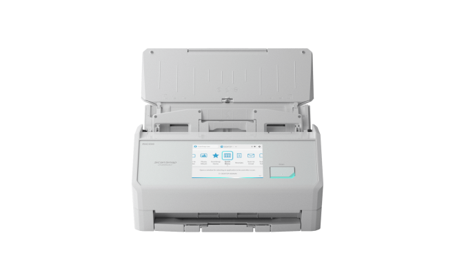 Copy electronic vam predstavlja Skener Ricoh Fujitsu ScanSnap iX100 A4, duplex, 45 str./min / 90 ipm, Wi-Fi, Bluetooth, bijeli. Na fotografiji je bijeli skener. Vidi se prednja strana.