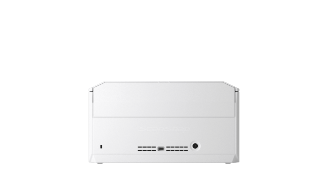 Copy electronic vam predstavlja Skener Ricoh Fujitsu ScanSnap iX100 A4, duplex, 45 str./min / 90 ipm, Wi-Fi, Bluetooth, bijeli. Na fotografiji je bijeli skener. Vidi se stražnja strana.
