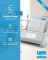 Copy electronic vam predstavlja Skener Ricoh Fujitsu ScanSnap iX100 A4, duplex, 45 str./min / 90 ipm, Wi-Fi, Bluetooth, bijeli. Na fotografiji je bijeli skener. Stoji na uredskom bijlom stolu. Na fotografiji pored skenera je i plava traka na kojoj se nalaze najbitnije karaktersitike skenera. A u desnom donjem kutu se nalazi info o 3 god.jamstvu