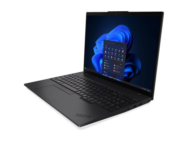 Copy electronic vam predstavlja Laptop LENOVO ThinkPad L16 G2 U7 255U 16" 32GB, SSD1TB, Win11P [21SA001JSC]. Na fotografiji je crni laptop koji je otovren pod kutom od 90 stupnjeva. Vidi se prednja strana i dio desne bočna strane. Na ekranu je crnoplava pozdina