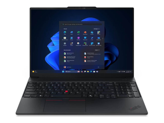 Copy electronic vam predstavlja Laptop LENOVO ThinkPad E16 G3 7 240H 16" 32GB, 1TB, Win11P [21TF0068SC]. Na fotografiji je crni laptop koji je otvoren pod kutom od 90 stupnjeva. Vidi se prednja strana, na ekranu je crnoplava pozadina.