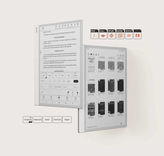 Copy electronic vam predstavlja Tablet Onyx Boox Max 13.3″ ePaper tablet, OBNM1. Na fotografiji su dva tableta jedan pored drugog. Na ekranima je prikazana sva vrsta dokumenata koje podržava.