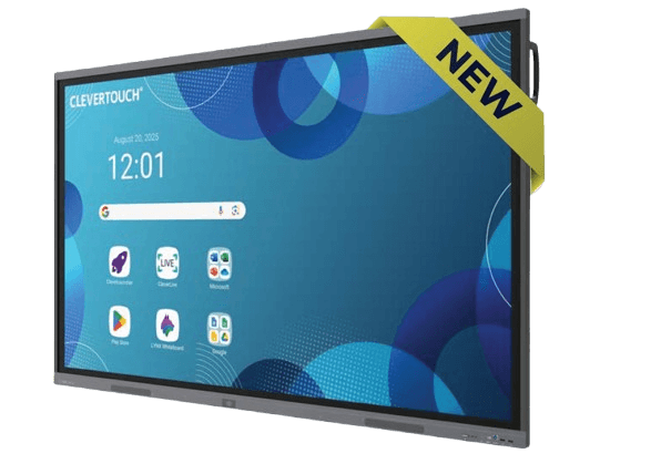 Copy electronic vam predstavlja Interaktivni ekran Clevertouch 75" Pro3, 4K, 16GB, 128GB, Android 14. Na fotografiji je prednja strana ekrana.. Na ekranu je crveno plava pozadina