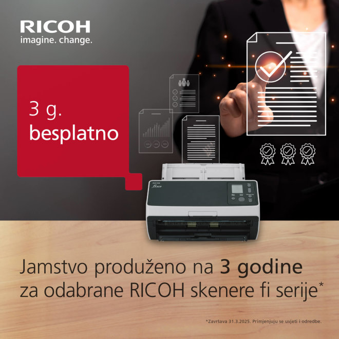 Copy electronic vam predstavlja Skener Ricoh - Fujitsu fi-7480, ADF, Flatbed, A4 [PA03710-B001]. Na fotografiji je reklamni dio za 3 godine gratis jamstva. Na desnoj strani letka je skener a iza je zenska osoba.