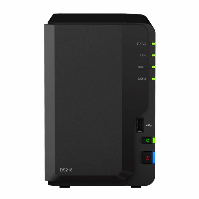 Synology DS218 DiskStation, 2-bay NAS server, Realtek RTD1296, 2,5"/3,5" HDD/SSD podrška, 2GB RAM, Ethernet, USB, Crna, 1,3 kg [DS218]