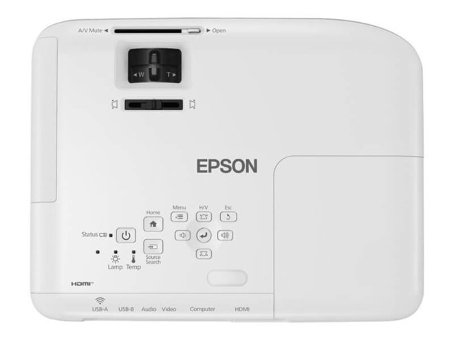 Copy electronic vam predstavlja Projektor Epson EB-W06 3LCD, 3700 lumens, WXGA 1280x800, [V11H973040]. Na fotografiji se vidi bijeli uređaj, gornja strana gjde se nalazi upravljački dio.
