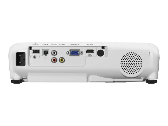 Copy electronic vam predstavlja Projektor Epson EB-W06 3LCD, 3700 lumens, WXGA 1280x800, [V11H973040]. Na fotografiji je bijeli projelktor, prikazana je stražnja strana gdje se vide ulazi koje sve projektor ima.
