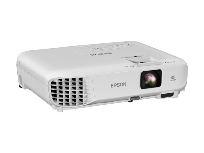 Copy electronic vam predstavlja Projektor Epson EB-W06 3LCD, 3700 lumens, WXGA 1280x800, [V11H973040]. Na fotografiji je bijeli projektor, vidi se prednja i dio bočne stran jer je uređaj malo zakrenut u desnu stranu.