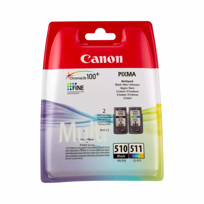 Canon PG-510 Black + CL-511 Colour Ink Cartridges, Multipack, tinte, cca 300 c/b ispisa, cca 340 kolor ispisa, Original [2970B010]