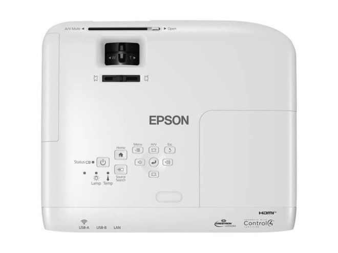 Copy Electronic vam predstavlja Projektor EPSON EB-W49. Na fotografiji je bijeli projektor. Vidi se gornja strana uređaja gdje se nalaze upravljačke tipke