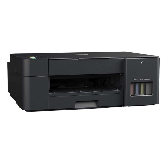 Copy Electronic vam predstvlja Brother DCP-T425W, InkBenefit Plus, višefunkcijski pisač, tintni ispis u boji, A4, WiFi, USB, 64 – 220 g/m² [DCPT425WYJ1]. Na fotografiji je crni printer, naglašen je desni kut