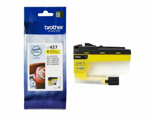 Copy Electronic vam predstavlja BROTHER Yellow Ink Cartridge - 1500p [LC427Y]. Na fotografiji su dvije slike. Jedna tinta je u originaloj ambalaži a druga je bez ambalaže