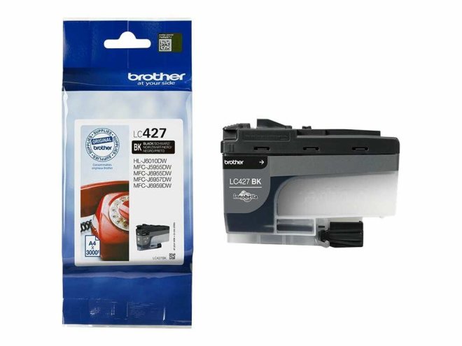 Copy Electronic vam predstavlja BROTHER Black Ink Cartridge - 3000 Pages [LC427BK]. Na fotografiji su dvije slike. Jenda je tinta sa originalnom ambalažom a druga je bez ambalaže.