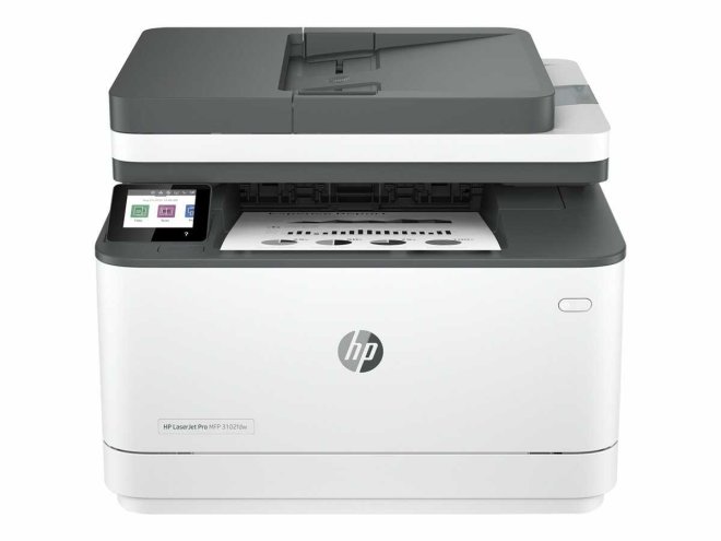 Copy Electrinic vam predstavlja HP LaserJet Pro MFP 3102fdw. Printer je kombinacija bijele i crne boje. Na vrhu se nalazi automatski uvlakač dokumenata. Na gornjoj strani je i Touch screen ekran. Fotografija prikazuje prednju stranu uređaja