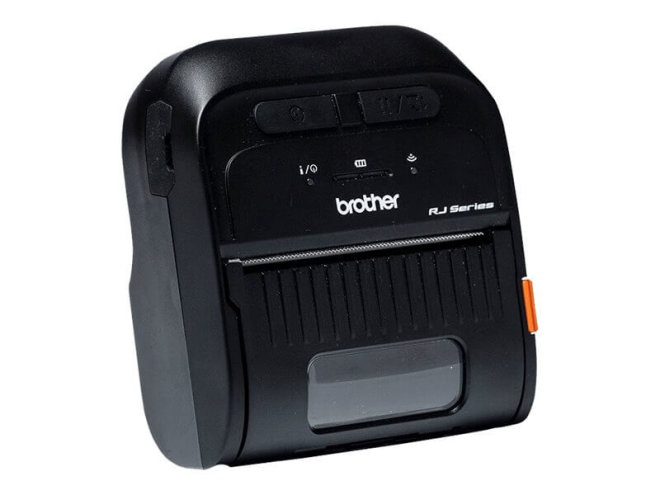 Copy electronic vam predstavlja Printer za neljepnice BROTHER RJ-3035BXX1 72mm Mobile [RJ3035BXX1]. Na fotografiji je crni printer. Vidi se prednja strana i dio bočne lijeve jer je printer malo zakrenut u desno