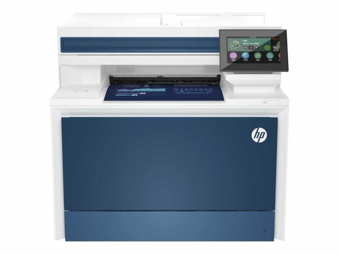 Copy Electronic, HP Color LaserJet Pro MFP 4302fdw MFP colour laser, uređaj je kombinacija bijele i plave boje, na gornjoj strani se nalazi display u boji i uvlakač dokumenata, Minimalne dimenzije (Š x D x V)-421 x 435 x 384 mm,  slika prikazuje prednju stranu uređaja