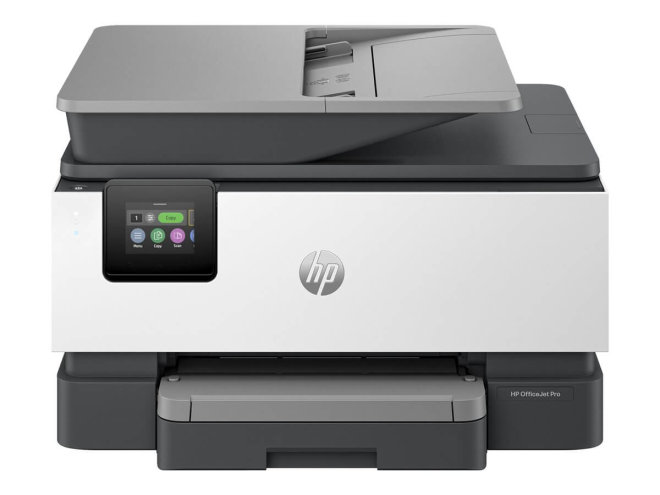 Copy elcteonic vam predstavlja Printer HP OfficeJet Pro 9120e Multifunkcijski InkJet. Na fotografiji je crno bijeli printer. Vidi se prednja strana. Sa lijeve strane je display u boji.