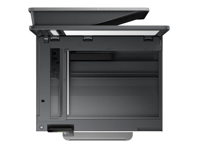 Copy elcteonic vam predstavlja Printer HP OfficeJet Pro 9120e Multifunkcijski InkJet. Na fotografiji je slika printera iz ptičije perspektive. Otvoren je poklopac za skeniranje.