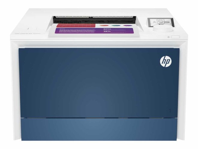 Copy Electronic, HP Color LaserJet Pro 4202dn, uređaj je bijele boje a prednja strana je plava, Minimalne dimenzije (Š x D x V) 421 x 427 x 288 mm , sa gornje strane se nalazi LCD zaslon koji ima 4 linije. Slika priikazuje prednju stranu uređaja