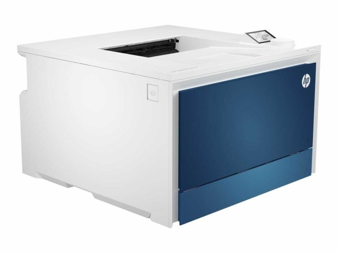 Copy Electronic, HP Color LaserJet Pro 4202dn, uređaj je bijele boje a prednja strana je plava, Minimalne dimenzije (Š x D x V) 421 x 427 x 288 mm , sa gornje strane se nalazi LCD zaslon koji ima 4 linije. Slika priikazuje lijevi kut  uređaja