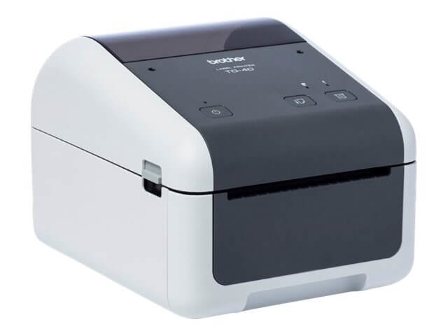 Copy electronic vam predstavlja Printer za neljepnice BROTHER Label TD4410D. Na fotografiji crno bijeli printer, dimanzija 18cm-22,4cm-15,5cm. Malo je zakrenut u desnu stranu. Sa gornje strane su upravljački gumbi.