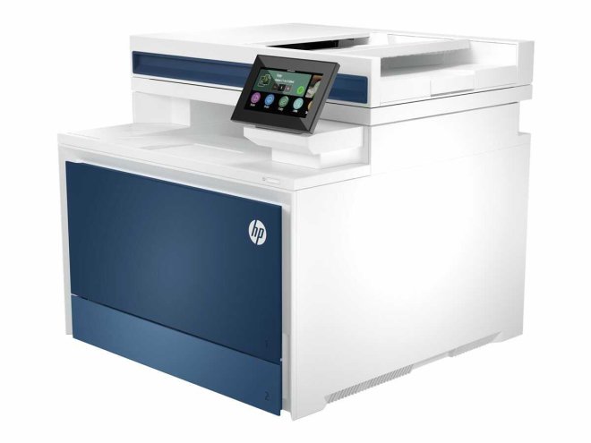 Copy Electronic, HP Color LaserJet Pro MFP 4302fdn, Minimalne dimenzije (Š x D x V) 421 x 435 x 384 mm , pisač je kombinacija bijele i plave boje, prikazuje se desni kut, na prednjoj strani je display u boji veličine 4,3, sa gornje strane printera je automatski uvlakač dokumenata